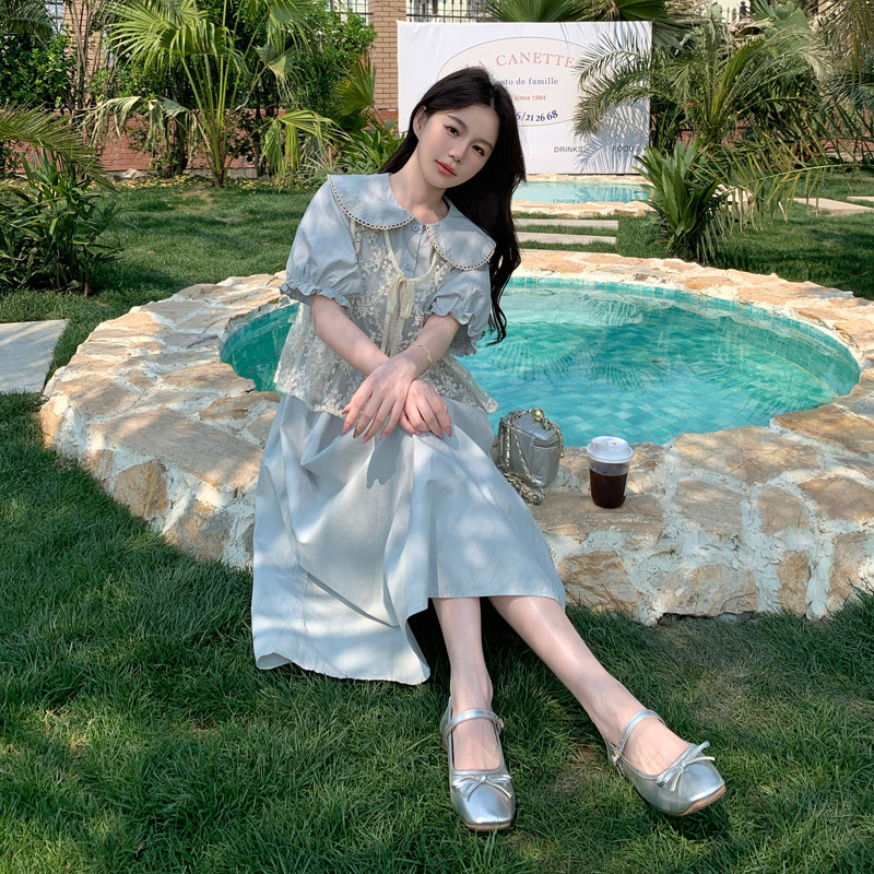 文艺森系法式连衣裙女2025夏季新款韩版宽松收腰马甲衬衫裙两件套,女装套装/套裙,浙宝B馆111（原065）