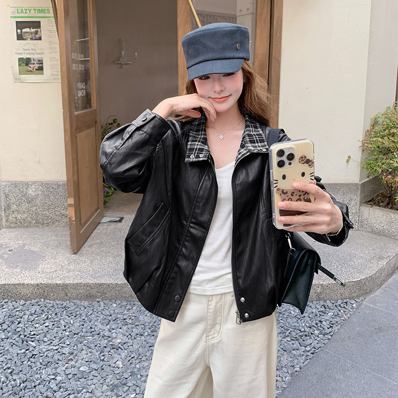 复古拼接皮衣外套女秋季2025新款美式复古甜酷风设计感显瘦夹克潮,女装皮衣,浙宝B馆111（原065）