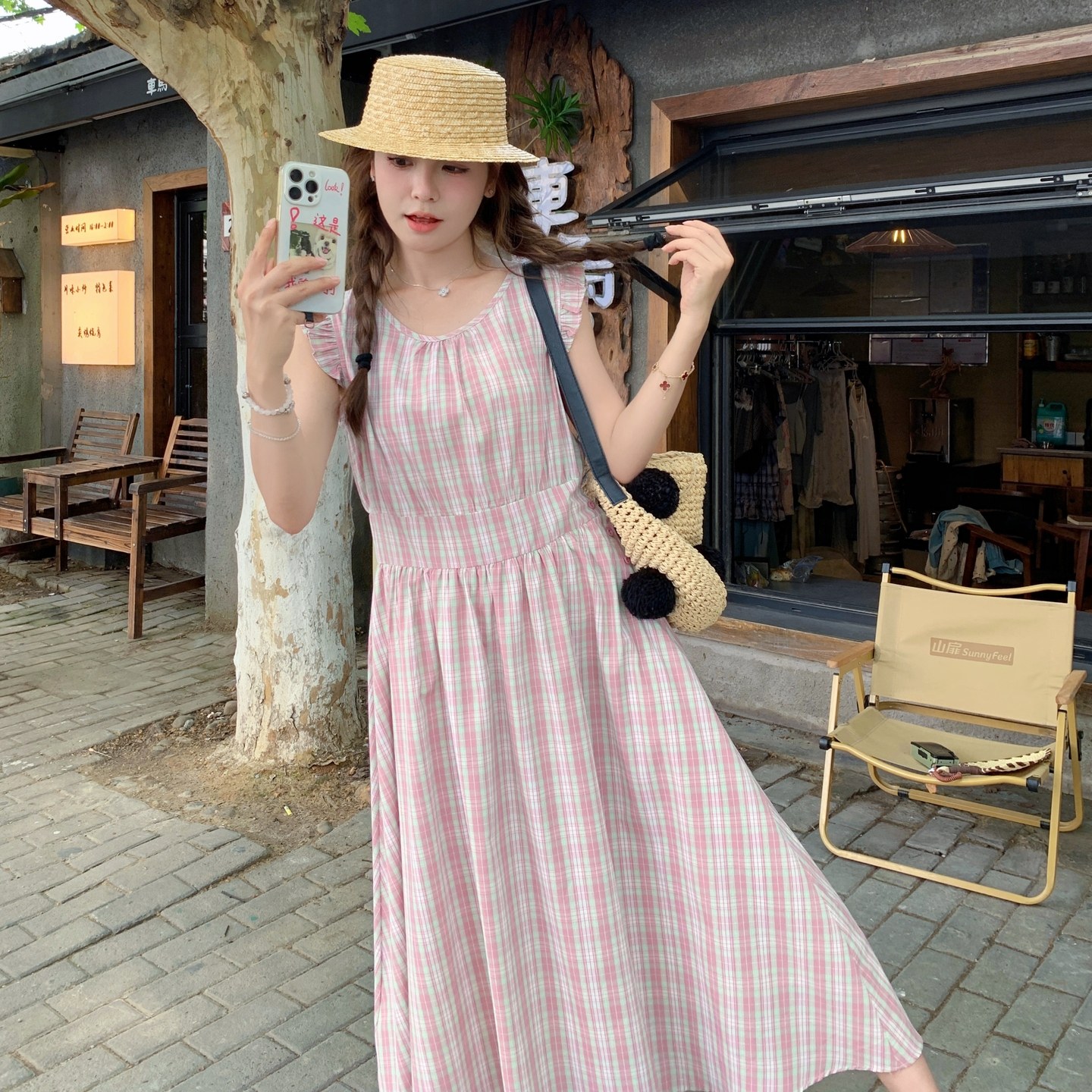 粉色格子无袖连衣裙女2025夏季新款韩系甜美少女感度假风背心长裙，女装连衣裙，浙宝B馆111（原065）