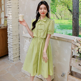 绿色新中式国风假两件连衣裙女夏季2024新款小个子甜美减龄衬衫裙，女装连衣裙，浙宝B馆111（原065）