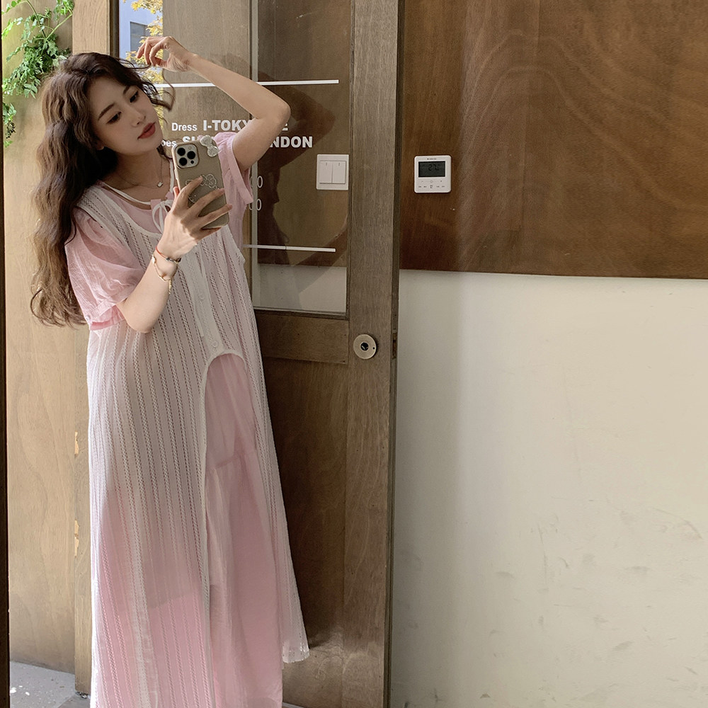 慵懒风松弛感穿搭罩衫套装女夏2025超火好看泡泡袖宽松长裙两件套,女装连衣裙,浙宝B馆111（原065）