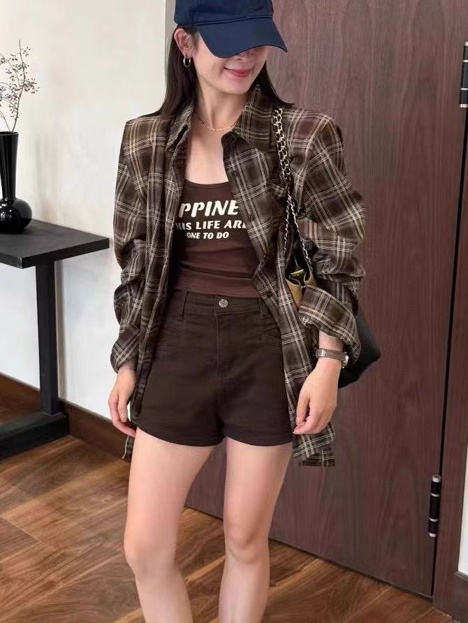 秋日巨好看的两件套女2025新款长袖格子衬衫字母背心宽松显瘦套装