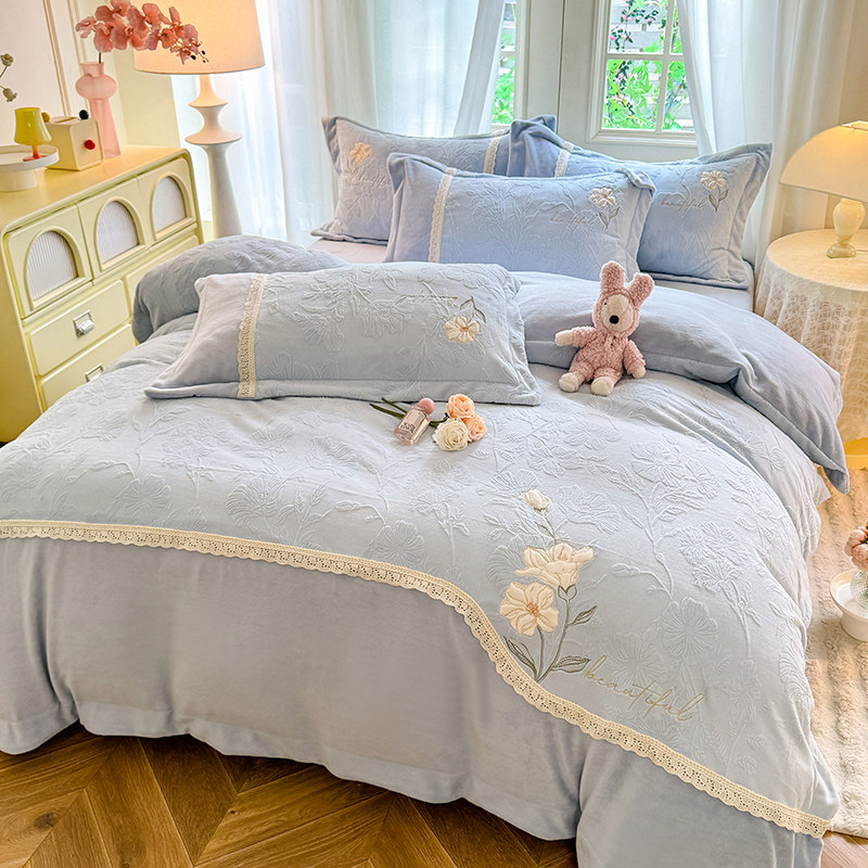 韩式立体雕花加刺绣牛奶绒四件套A类母婴级牛奶绒床单床笠款套件