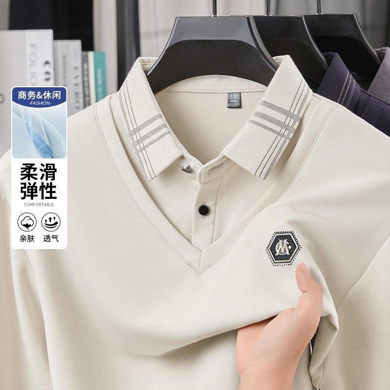 啄木鸟秋季男士长袖假两件Polo衫纯色商务休闲百搭刺绣T恤打底衫