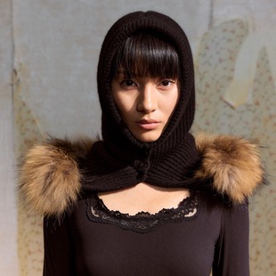 DUE CHEN25AW可拆卸貉子毛领羊毛帽子加厚保暖防寒黑色围脖连帽