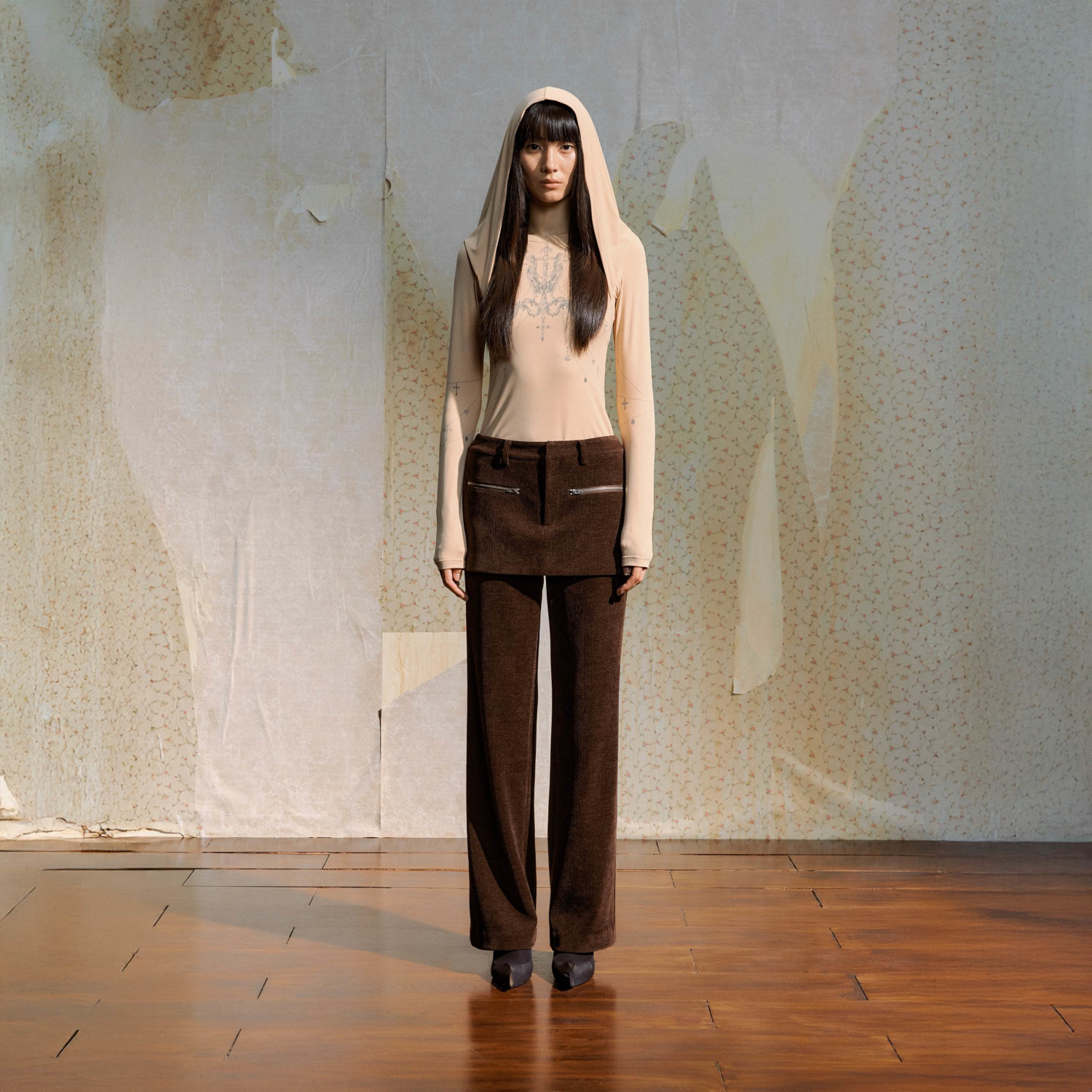 DUEECHEN雪尼尔假两件休闲裤