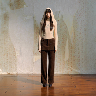 女休闲裤 DUE 复古嬉皮风假两件叠搭雪尼尔条绒直筒裙裤 CHEN