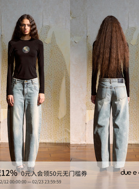 DUE E CHEN 玫瑰花水洗弯刀牛仔裤女秋季新款复古做旧宽松阔腿裤