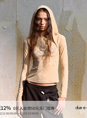 DUE E CHEN 复古手绘吊灯图案连帽抽褶修身长袖T恤上衣女小众设计