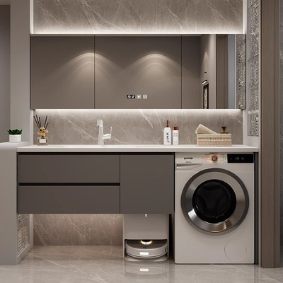 定制岩板热弯洗衣机洗手盆一体柜陶瓷无缝一体盆浴室柜洗漱台组合