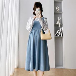 套装 上衣两件套宽松休闲时尚 牛仔背带裙 连衣裙条纹长袖 孕妇春秋装