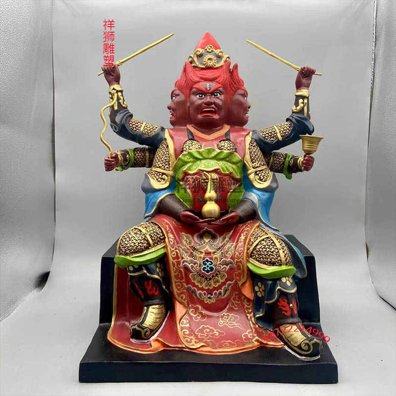 全铜彩绘三头六臂火神火德真君火德星君王灵官祝融神像摆件祥狮