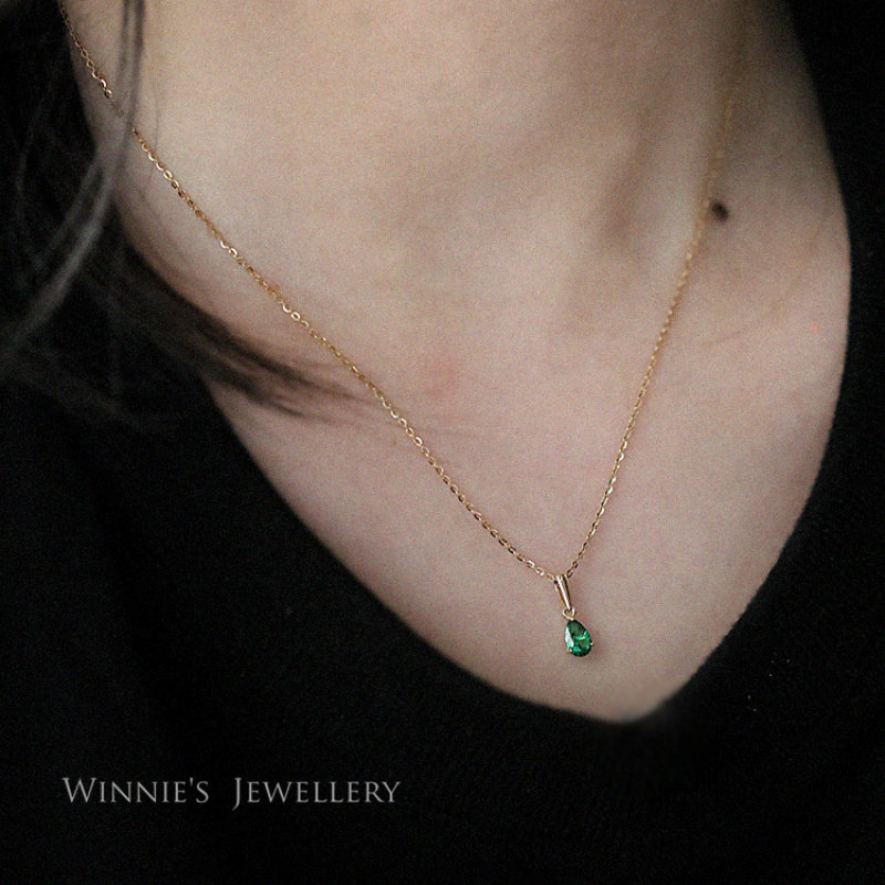 ROMANTIC925纯银镀金项链女祖母绿小水滴吊坠高级感简约锁骨链