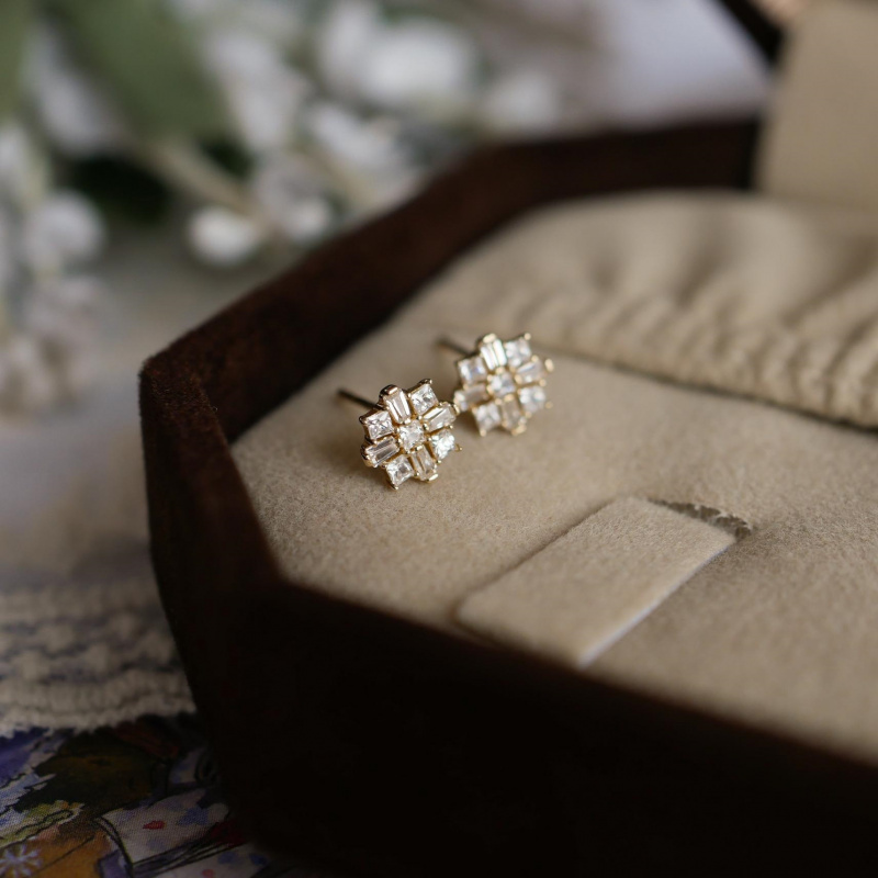 925纯银镀18k金雪绒花耳钉