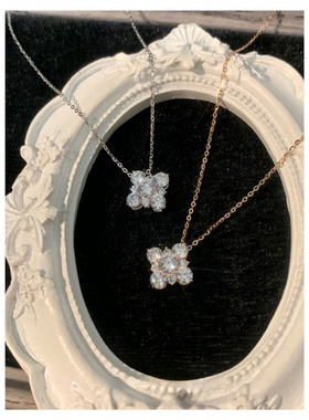 S925纯银镀金满钻四叶草吊坠项链