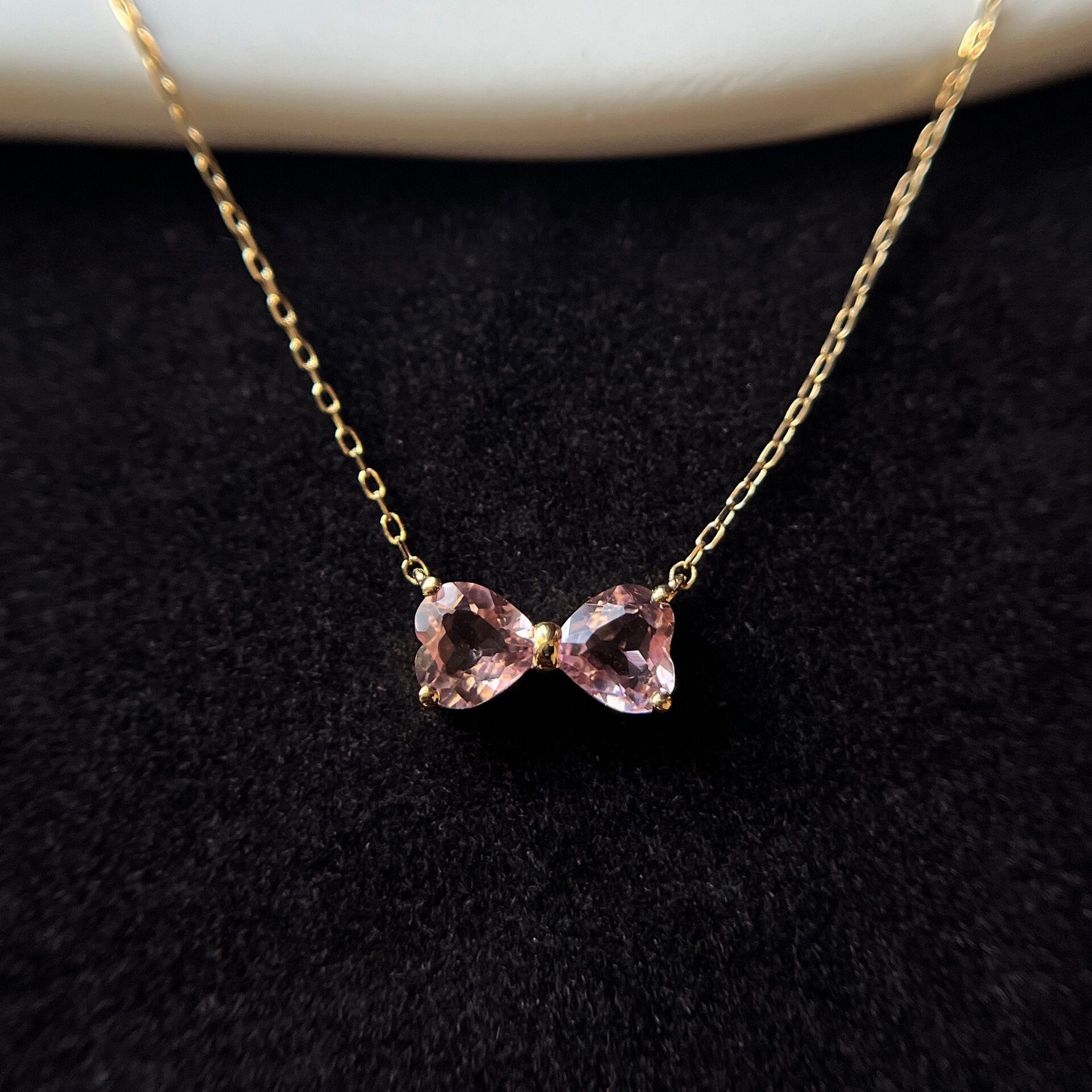 ROMANTICS925纯银镀18K金经典蝴蝶结吊坠项链少女粉色天然摩根石