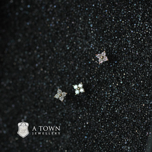 ROMANTIC925纯银耳钉14K金迷你耳钉花朵镶钻百搭四叶花锆石耳骨钉