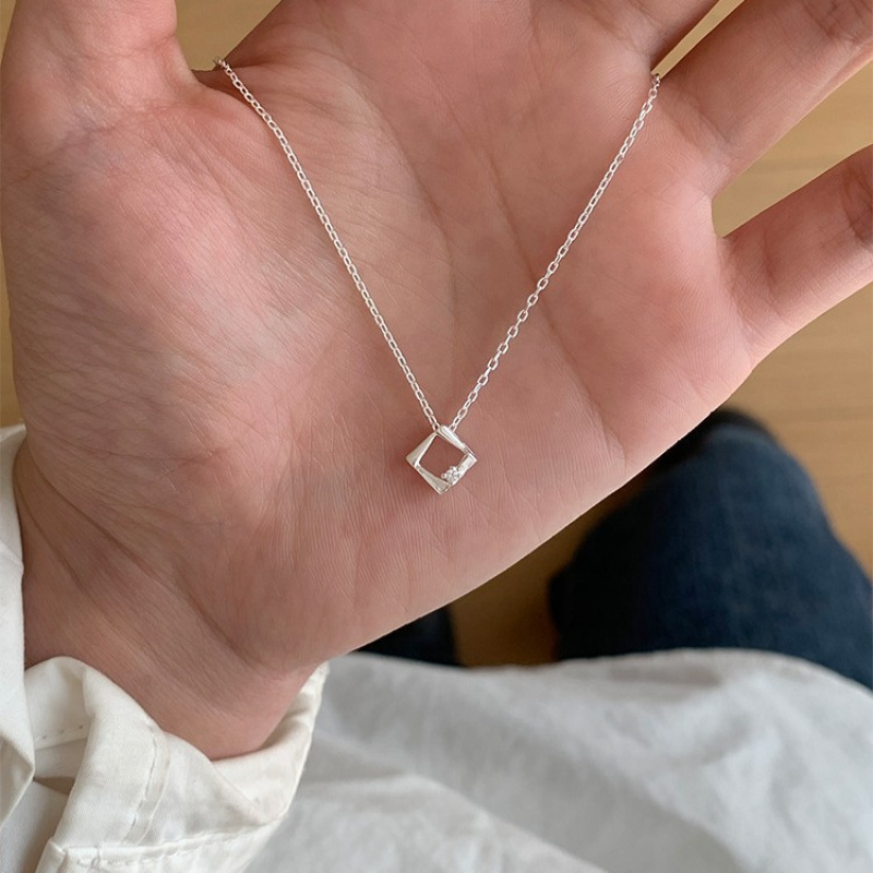925纯银方块几何吊坠锁骨链女