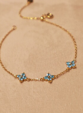 ROMANTIC925纯银镀18K金蓝色小花四叶草手链女高级感小众轻奢手环