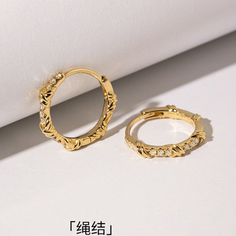 925银镀18K金闪钻绳结耳环女耳圈