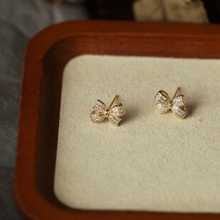 ROMANTIC925银镀18K金蝴蝶结耳环精致闪亮小巧百搭气质耳钉日韩
