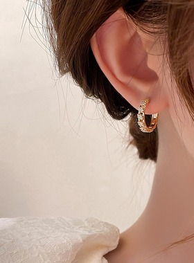 ROMANTICS925银镀18K金色圆形耳环女锆石金高级感黄金色气质耳圈