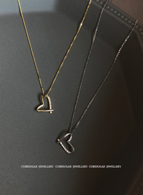 立体镂空镶钻爱心吊坠锁骨链简约