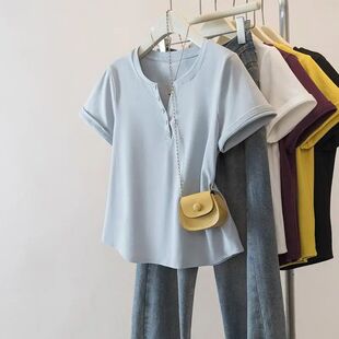 短款 240斤特大码 T恤女夏季 短袖 遮肉显瘦v领上衣潮 胖妹妹正肩时尚