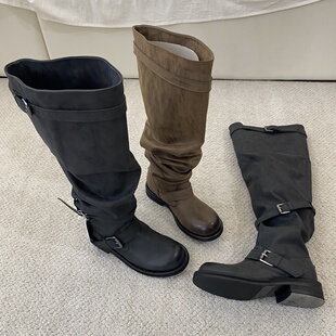 靴子女 皮带扣堆堆靴negativethree粗跟过膝nt3做旧韩版 张元 英同款