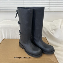 韩版东大门爆款we are靴子女秋冬新款方头粗跟牛皮宽筒长靴骑士靴