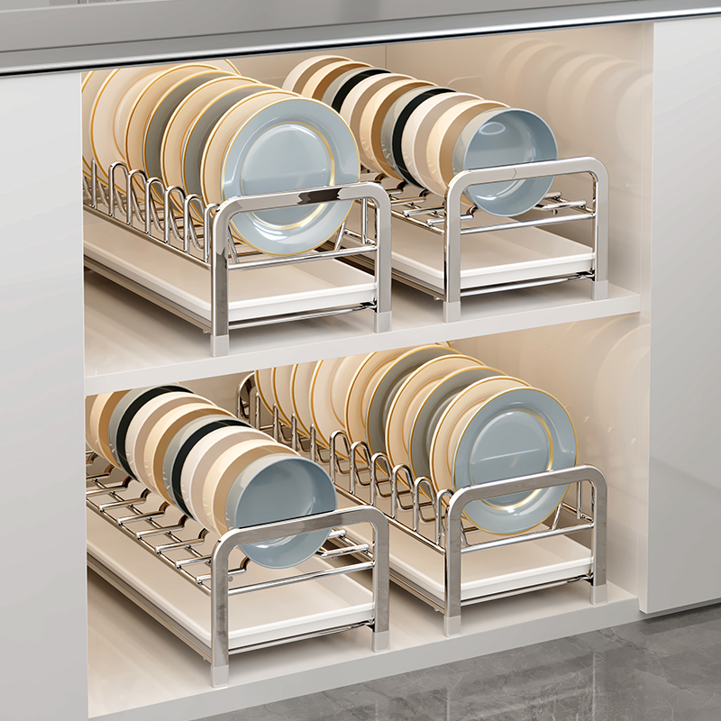 碗碟收纳架厨房橱柜内置抽屉式放碗盘置物架免打孔抽拉篮沥水碗架