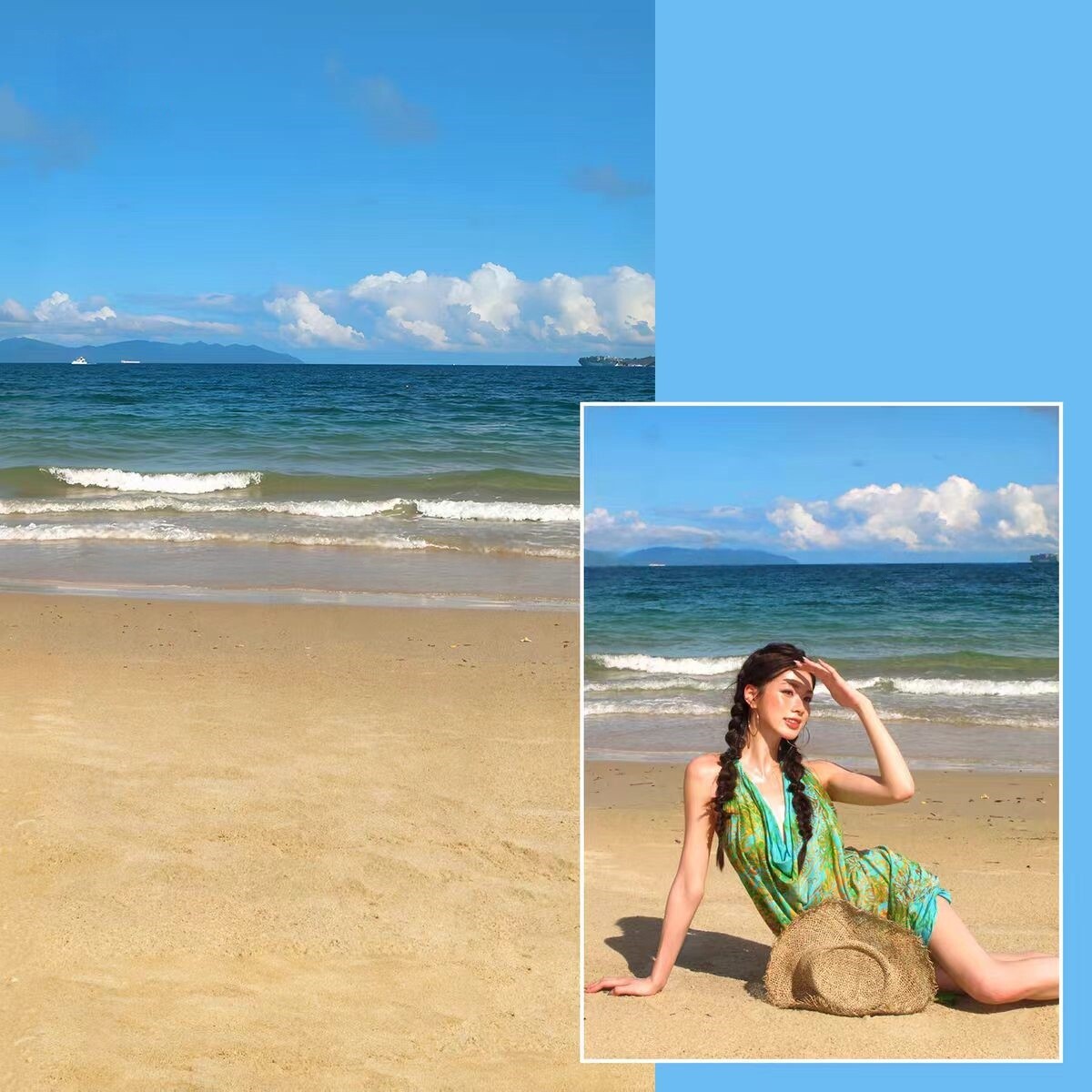 治愈系夏日蓝天沙滩海景摄影背景布少女写真商拍实景拍照道具