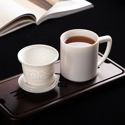 羊脂玉办公杯德化白瓷茶杯马克杯茶水分离带过滤办公室送礼茶杯