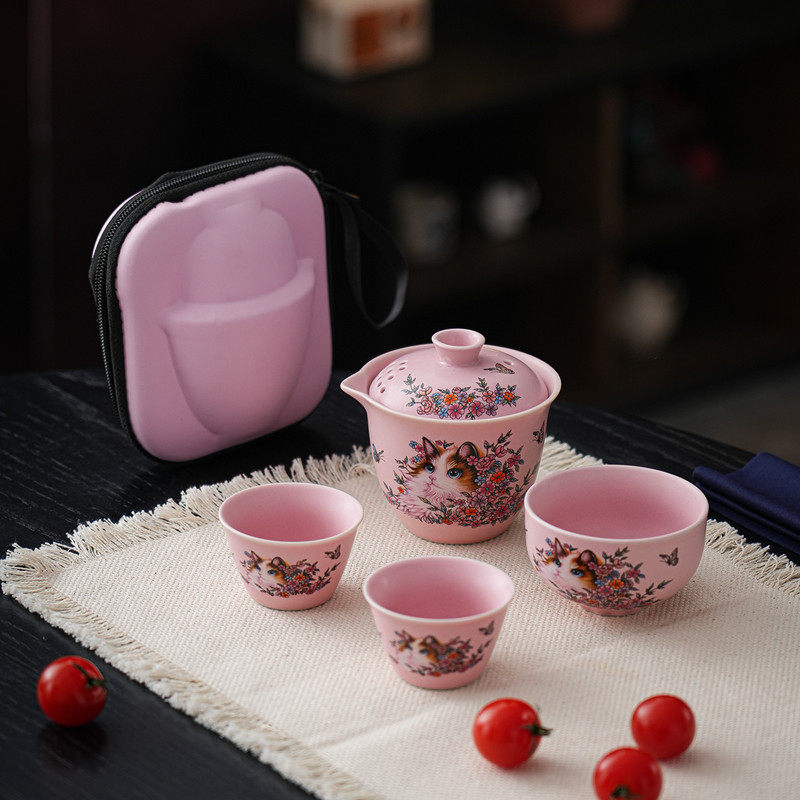 新款清新简易粉色精致女性快客杯一壶三杯露营户外便携式旅行茶具,餐饮具,旅行茶具,淘宝优惠券,粉丝福利购,淘宝优惠卷