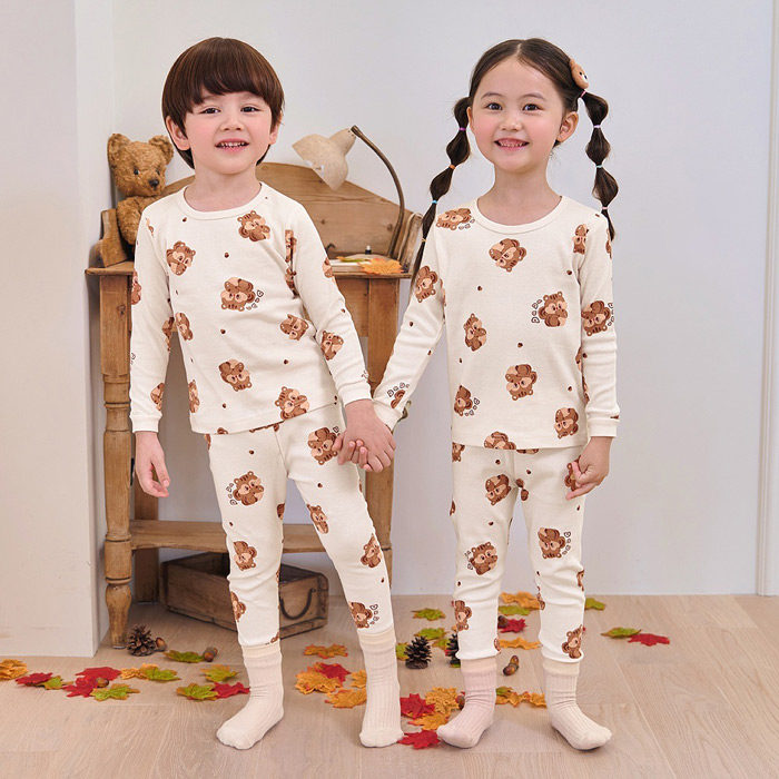 2025秋装韩国进口童装PiPiLong儿童卡通小熊睡衣内衣家居服套装
