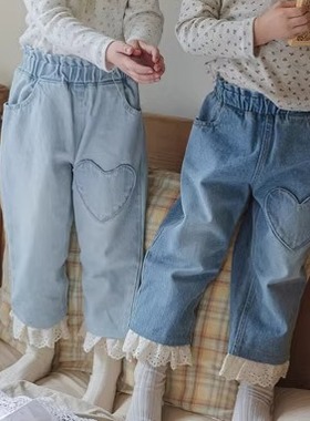 2025春季韩国代购正品童装FLO女童甜美白色花边牛仔休闲哈伦裤