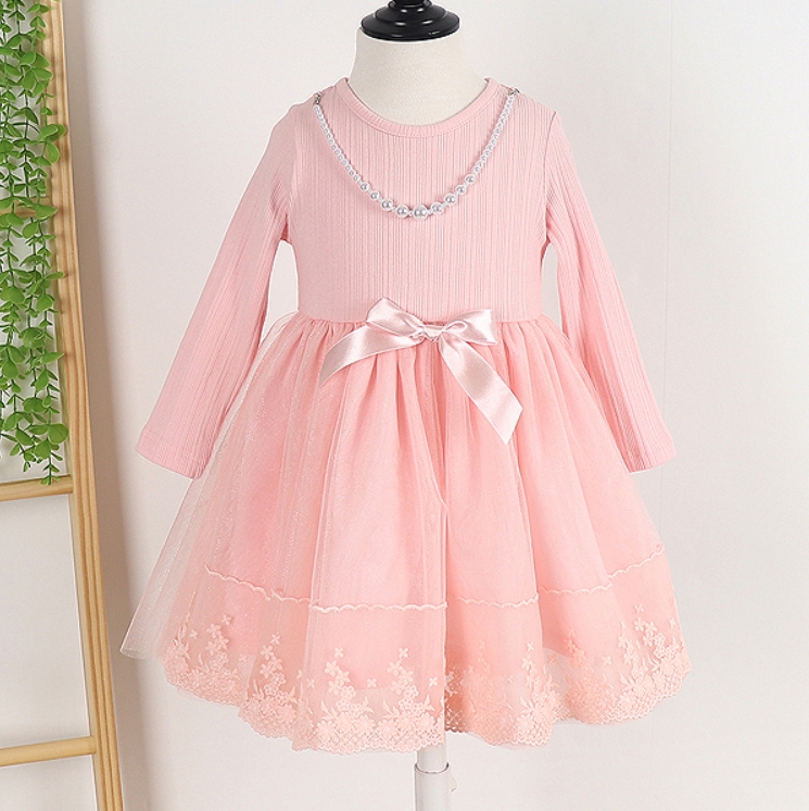 2024春季韩国正品童装Pierott女孩甜美蕾丝公主珍珠项链连衣裙