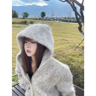 慵懒风海马毛连帽开衫 毛衣 拉链韩系外套女春秋2024新款 早秋针织衫