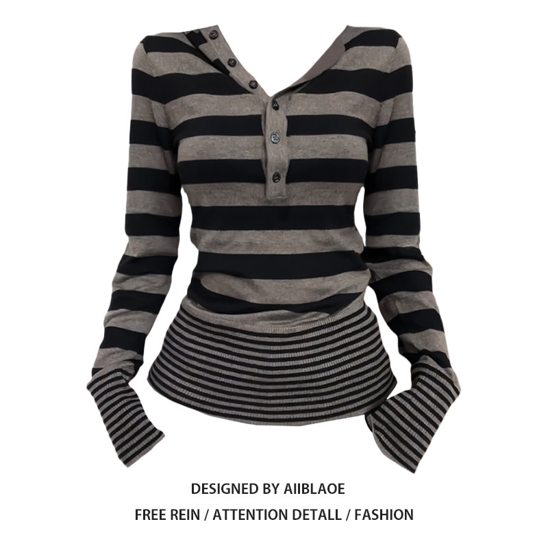 thumbnail for American hooded striped long-sleeved T-shirt women's spring, autumn and winter slim design, inner base layer, waist tucked in early autumn top
