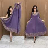 中年妈妈时尚 A字裙宽松气质减龄裙子 大码 烫金褶皱连衣裙春季 新款