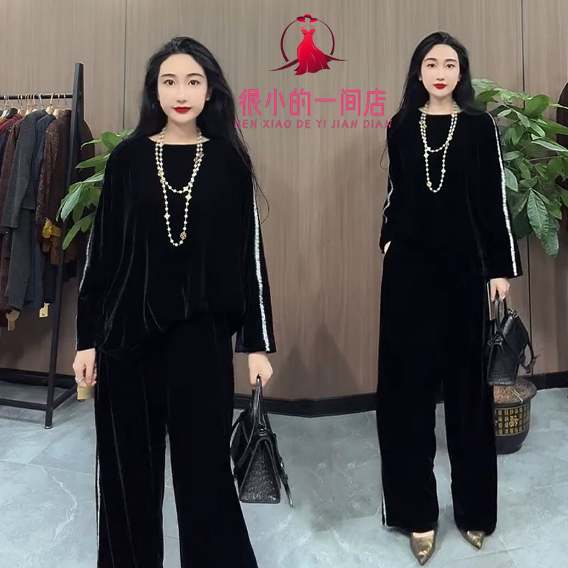高档中年妈妈装金丝绒套装女