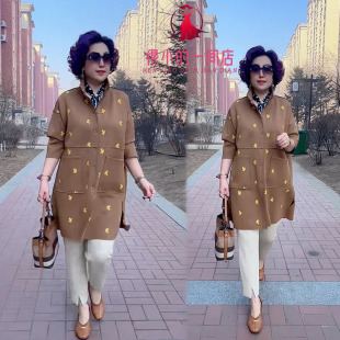 时尚中年妈妈装中长款衬衫领风衣外套女士长袖宽松时尚百搭上衣女