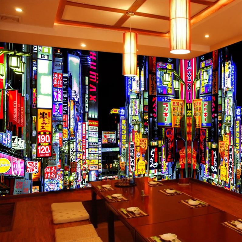 日本夜景街景招牌墙纸居酒屋包厢装饰壁画日式寿司料理店装修壁纸
