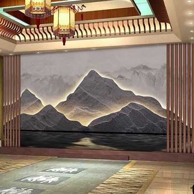 3d立体假山发光山形背景墙壁纸8d新中式山水壁画酒楼饭店装饰墙纸