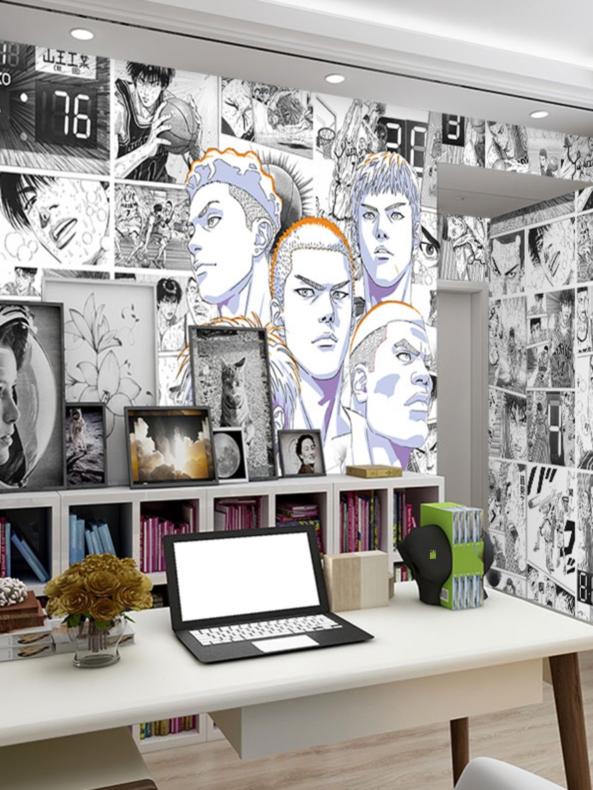 灌篮高手漫画墙纸篮球背景布房间装饰卧室床头墙布黑白二次元壁纸