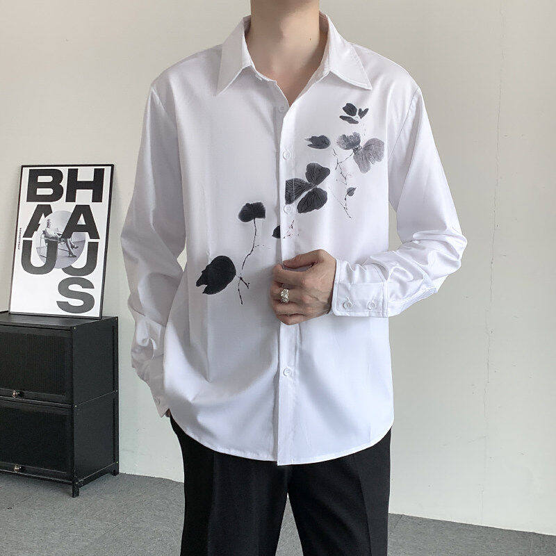 王源演唱会同款国风水墨画印花款白色衬衣潮牌新中式长袖衬衫大码,男装,衬衫,淘宝优惠券,粉丝福利购,淘宝优惠卷