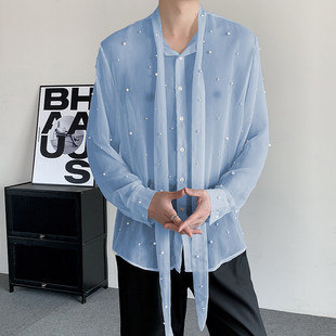 天蓝色防晒衬衣男秋季轻薄透气西装内搭高级设计感手工钉珠衬衫潮