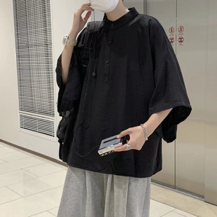 新中式国风男装诘襟衬衫短袖男设计感小众蝙蝠袖仙风道骨唐装汉服