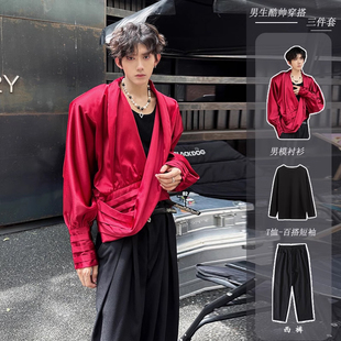 夜店男模穿搭酒红色V领衬衫套装高级感痞帅男装一套发型师外套