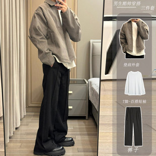 男模穿搭套装灰色卡哈特短款外套高级感痞帅男装三件套底特律夹克